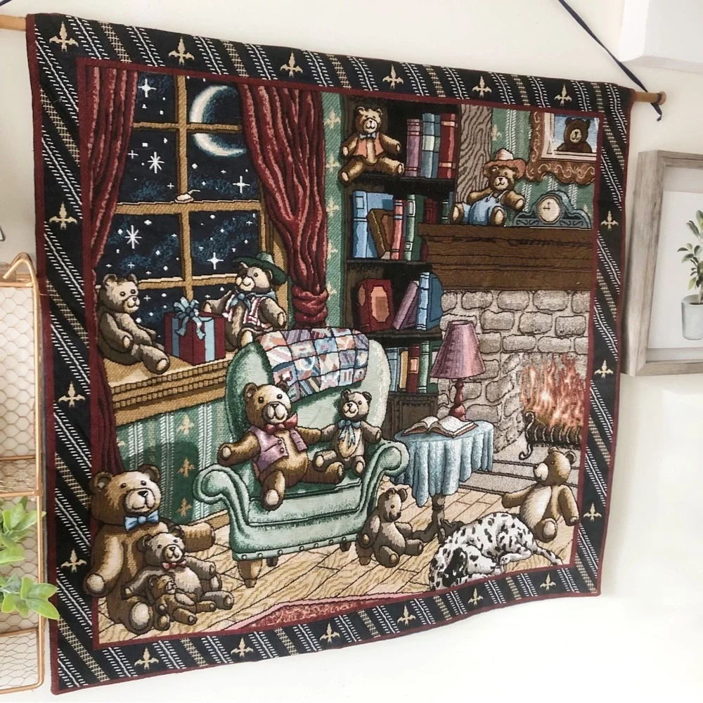The Bear Den Vintage Tapestry Wall Hanging Cottagecore Cabin Nursery Made in USA